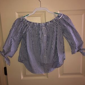 Blue and White Striped Off the Shoulder Blouse